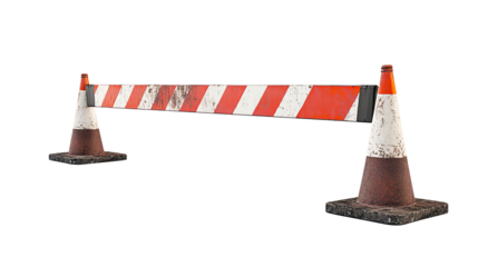 Road Closed Barrier:  Durable, weathered road barrier with red and white stripes, secured by two worn traffic cones.  Ideal for construction, maintenance, and hazard warning imagery. 