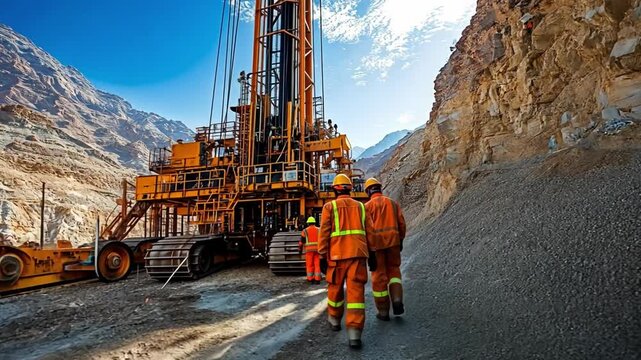 Mining Operation:  Workers in safety gear walk towards a massive drilling rig in a rugged mountain setting, embodying the hard work and determination of the mining industry.  