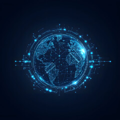 Futuristic digital globe with glowing connections and lines, symbolizing global technology, data networks, and interconnected systems in a high-tech, virtual world