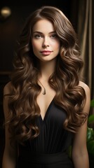 Fototapeta premium A portrait of a young woman with voluminous brown hair and striking features that attract attention. Fashion model portrait. A girl shows off the health and natural shine of her hair