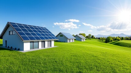 Obraz premium Solar panels installed on the roofs of modern homes leverage technology to generate electricity from renewable energy sources.