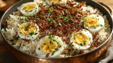 Savoring biryani in a copper pot home kitchen food photography warm atmosphere close-up boiled eggs and raita delight