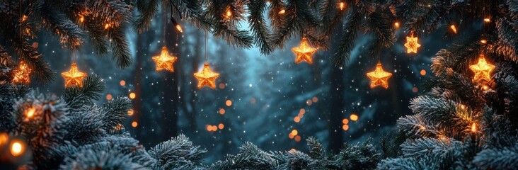 Magical Christmas Night Snow-Covered Pine Branches with Glowing Star Ornaments