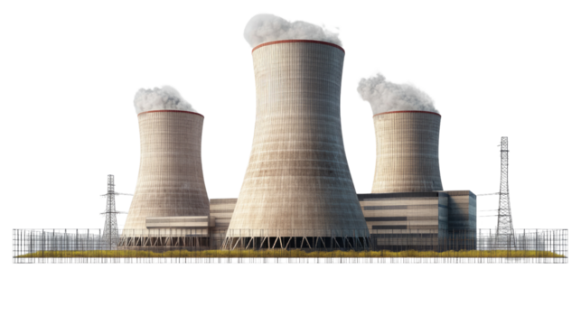 Nuclear Power Plant: A towering view of a nuclear power plant, featuring three cooling towers emitting steam against a clear blue sky.