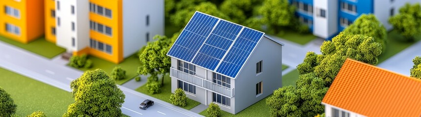 Fototapeta premium A sunset view of contemporary solar panels installed on residential roofs, encircled by lush greenery, highlighting sustainable energy solutions.