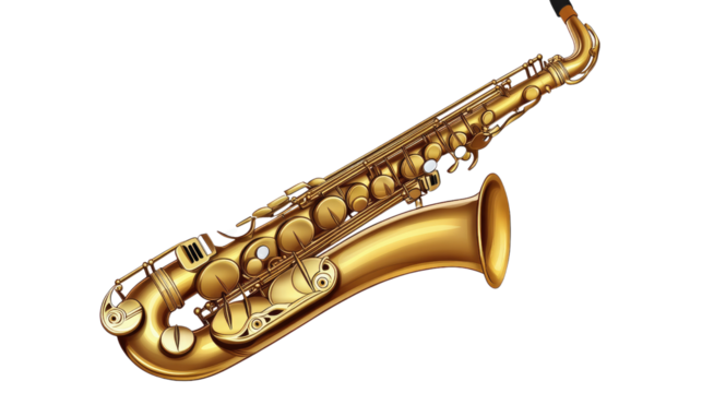 Golden Tenor Saxophone: A gleaming gold tenor saxophone, captured in exquisite detail, ready to fill the air with soulful melodies.  