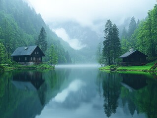 Fototapeta premium Misty lake, two cabins, reflecting forest.