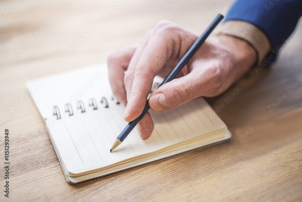 Poster Sharp view of a man's hand transcribing in a notepad, with a defocused backdrop