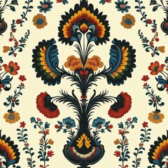 Naklejka premium A repeating pattern of Scandinavian-inspired folk art motifs like flowers, birds, and hearts in bold, simple shapes and primary colors, creating a modern and cheerful look. 