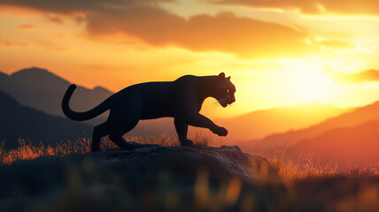 running panther during sunset in a mountain with a eye-level angle 