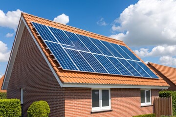 Solar panels on a metal roof absorb sunlight under a brilliant blue sky.