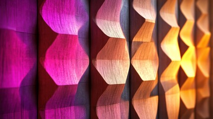 Abstract Geometric Wooden Wall with Pink and Orange Lighting