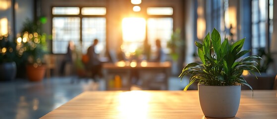 Innovative workspace with blurred workers talking about ecoconscious strategies, natural light flooding the room, and a focus on green design