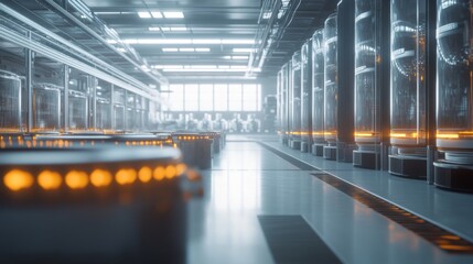 Futuristic server room interior with glowing data storage units.