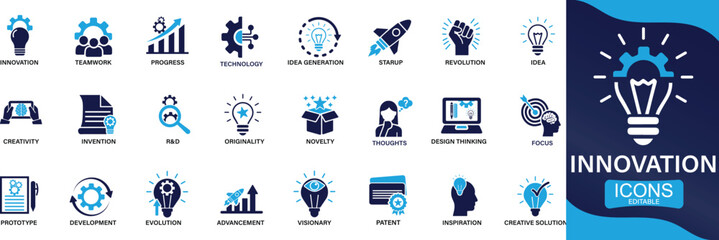 Innovation icon set. creativity, invention, prototype, visionary, idea generation, agile, You can easily change the color