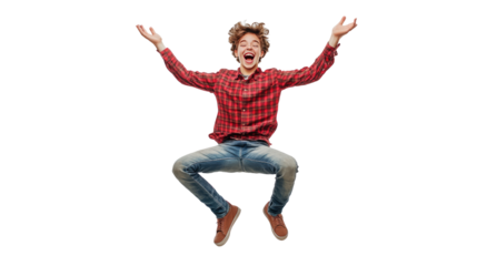 Jump for Joy: A young man in a red plaid shirt and jeans leaps into the air with arms outstretched, his ecstatic expression capturing pure unadulterated joy.  