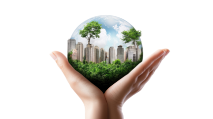Protecting our Planet: A pair of hands cradles a miniature Earth, symbolizing the delicate balance between nature and urban development.