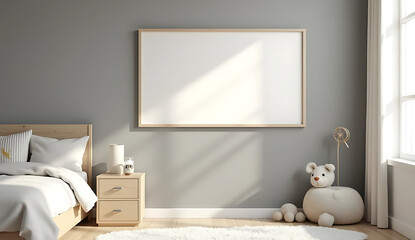 Empty horizontal picture frame on gray wall in modern child room. Mock up interior in scandinavian style. Free, copy space for your picture, poster. Bed, toys. Cozy room for kids. 3D rendering