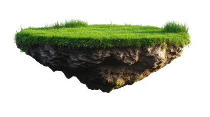 Floating Island of Dreams: A lush patch of green grass atop a rocky, floating island, isolated against a pure background, evokes a sense of fantasy and wonder. Perfect for game design, illustration.