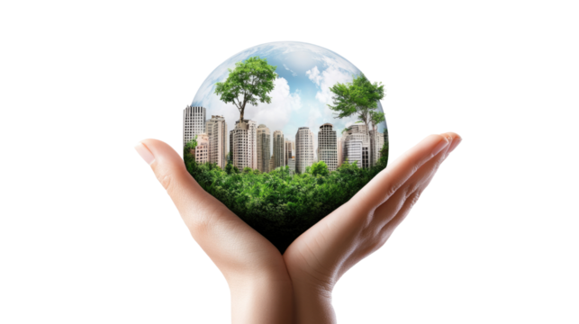 Protecting our Planet: A pair of hands cradles a miniature Earth, symbolizing the delicate balance between nature and urban development.