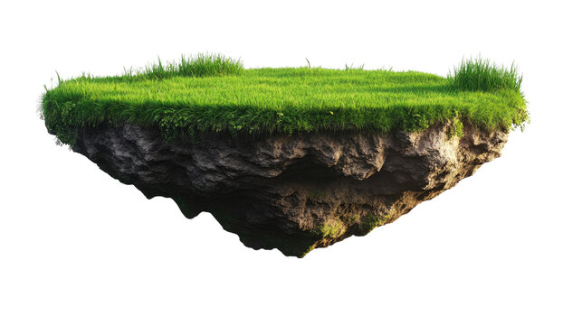 Floating Island of Dreams: A lush patch of green grass atop a rocky, floating island, isolated against a pure background, evokes a sense of fantasy and wonder. Perfect for game design, illustration.