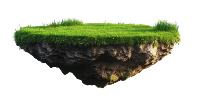 Floating Island of Dreams: A lush patch of green grass atop a rocky, floating island, isolated against a pure background, evokes a sense of fantasy and wonder. Perfect for game design, illustration.