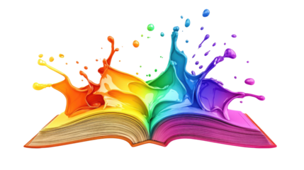 Rainbow Book Splash: A vibrant, colorful explosion of paint erupts from an open book, symbolizing creativity, imagination, and the boundless potential of knowledge.
