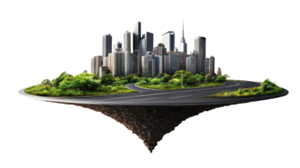 Floating Metropolis: A futuristic cityscape thrives on a secluded island, roads winding through lush greenery, symbolizing sustainable urban development and innovative architectural design. 