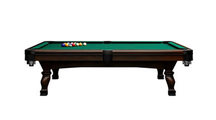 Classic Billiard Table: A rich dark wood pool table with a vibrant green felt top, ready for a game. The balls are neatly racked, inviting players to begin.