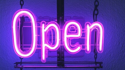 Bright Neon Sign Displaying Open Message in Vibrant Purple Color for Businesses