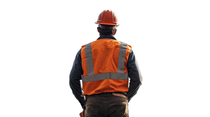 Construction Worker Looking Ahead: A lone construction worker, wearing a hard hat and safety vest, stands with his back to the camera, gazing confidently at the future.