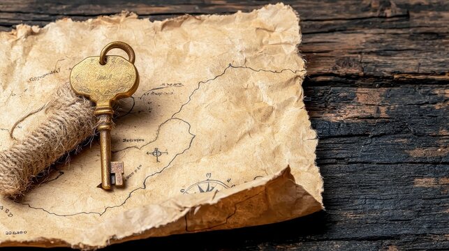 Vintage Key on Old Map with Natural Texture and Rustic Background