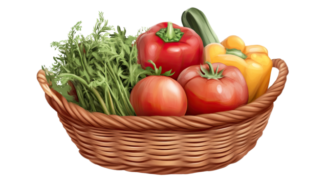 Basket of Freshness: A picturesque wicker basket overflowing with vibrant, ripe tomatoes, bell peppers, and fresh greens, embodying the essence of garden-fresh produce.  