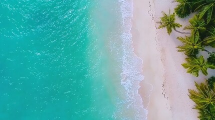 Turquoise sea and sandy beach with palms, aerial view.