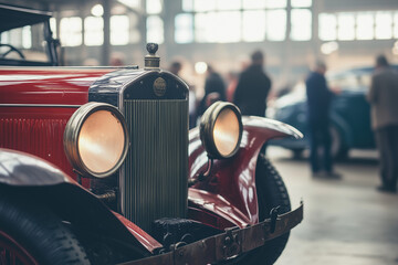 Close-up of a vintage red car at a classic car auction, showcasing its detailed headlights and grill in a vibrant setting.
