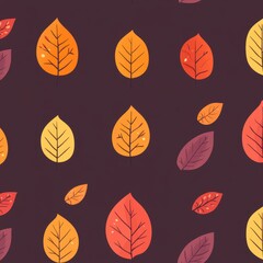 Obraz premium A seamless pattern of autumn leaves in various shapes and sizes, illustrated in shades of orange, red, and gold, arranged on a warm brown background. 