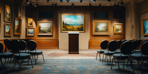 An elegant auction room featuring framed paintings on the walls, a podium at the center, and rows of empty chairs, symbolizing art and exclusivity  

