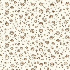 Obraz premium A seamless pattern of hand-drawn coffee cups, beans, and steam swirls, in shades of brown, beige, and white, set against a soft textured background, ideal for cafe branding or wrapping paper. 