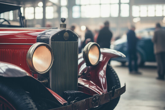 Close-up of a vintage red car at a classic car auction, showcasing its detailed headlights and grill in a vibrant setting.
