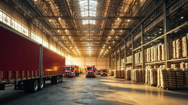 Warehouse Logistics: Sunlight streams through the high ceilings of a spacious warehouse, illuminating rows of neatly stacked goods and several semi-trucks ready for transport.