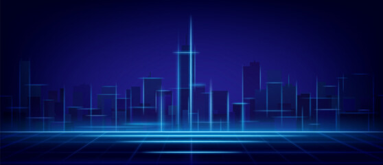 Tech city abstract neon scene with glowing blue geometric skyline. Futuristic digital metropolis silhouette on dark background with luminous grid. Cyberpunk urban landscape for technological concept.