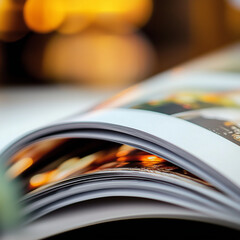 Close-up of an open magazine with glossy pages, featuring blurred warm bokeh lights in the background, ideal for publishing or editorial themes

