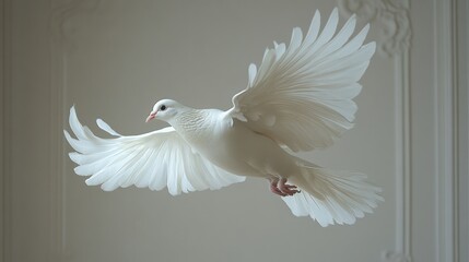Fototapeta premium White dove in flight against a light beige wall.