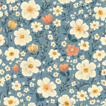 A seamless spring-themed floral pattern featuring blooming tulips, daffodils, and cherry blossoms in fresh pastel tones, arranged on a soft sky-blue background. 