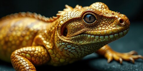 Close-up of reptilian skin with gold leather overlay, warm tones, metallic sheen