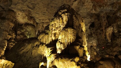 Amazing stalactites and stalagmites in Thien Cung Cave, known as Heaven's Cave, in Ha Long Bay, Vietnam.