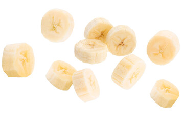 Flying banana slices isolated on transparent background