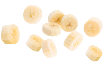 Flying banana slices isolated on transparent background