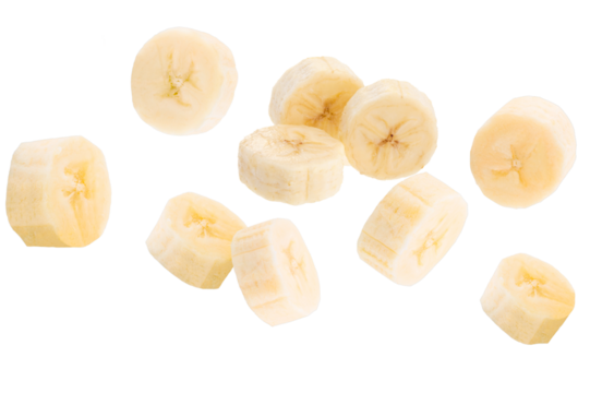 Flying banana slices isolated on transparent background
