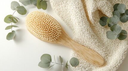 Natural Bamboo Hair Brush on Soft Towel with Fresh Eucalyptus Leaves and Neutral Background
